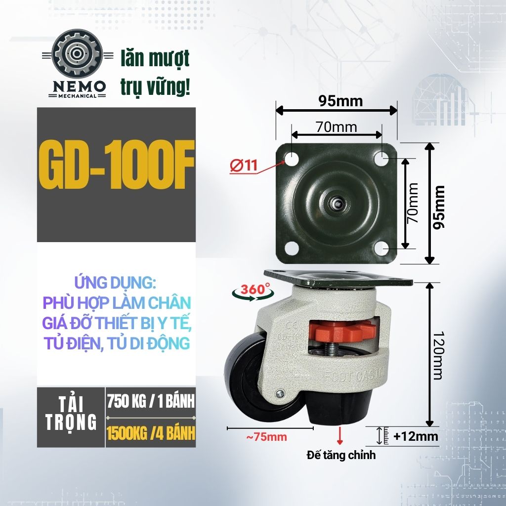 Bánh Xe Liền Chân Tăng Chỉnh Độ Cao GD – Chống Rung, Chịu Tải Nặng (GD-40F, 60F, 80F, 100F)